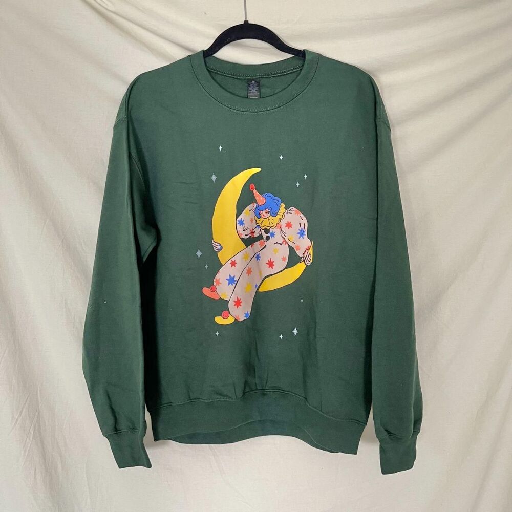 New Dark Green Whimsical Sad Clown On Moon Graphic Sweatshirt Crewneck Size M
